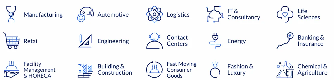 Sectors we know in depth: manufacturing, automotive, logistics, IT and consultancy, life sciences, retail, engineering, contact centers, energy, banking and insurance, facility management and HORECA, building and construction, FMCG, fashion and luxury, chemical and agriculture