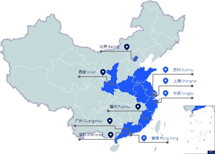 Greater China offices in Beijing, Xi'an, Shanghai, Suzhou, Ningbo, Fuzhou, Guangzhou, Shenzhen and Hong Kong